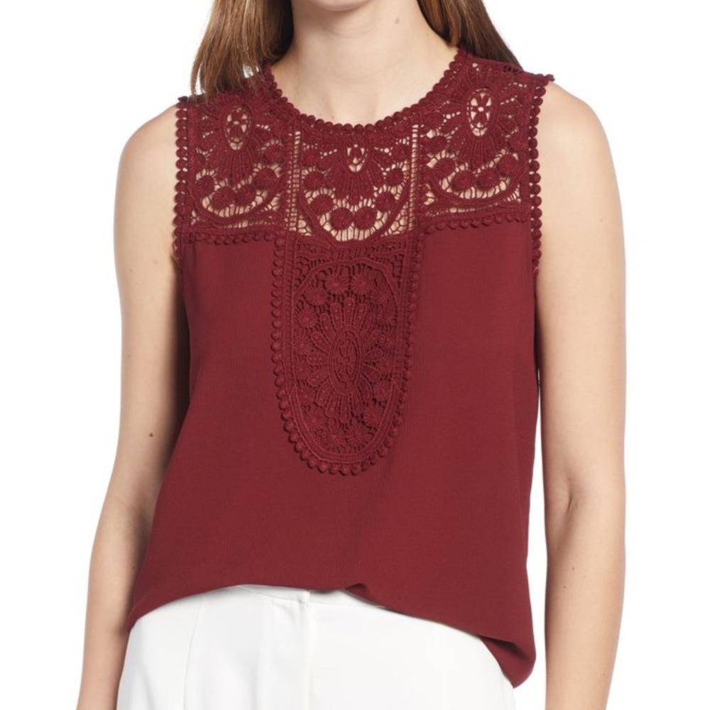 3/$10 Halogen Sleeveless Burgundy Top Crochet Accents